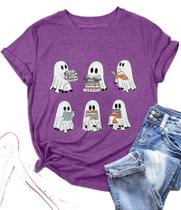 Camiseta FYAPHION Halloween Teacher para mulheres roxa S Camiseta FYAPHION Halloween Teacher para mulheres roxa S