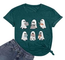 Camiseta FYAPHION Halloween Teacher para mulheres verde escuro XL Camiseta FYAPHION Halloween Teacher para mulheres verde escuro XL