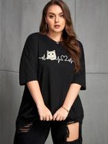 Camiseta Gato Amoroso Blusa Amor Gatinho Bordado Fofo Batimentos Coração Plus Size Oversized T-shirt Ombro Caido Feminin