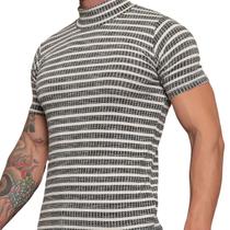 Camiseta Gola Alta de manga Curta listrada masculina, camiseta de Viscose Com Elastano Premium Atemporal, Corte Slim 202