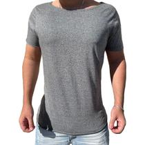 Camiseta Gola Canoa Aberta Cor Cinza Mescla Masculina Slim