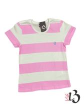 Camiseta Gola Redonda Listrada Infantojuvenil - Branca / Rosa