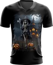 Camiseta Gola V Bruxa Caveira Halloween 10