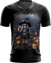 Camiseta Gola V Bruxa Caveira Halloween 16