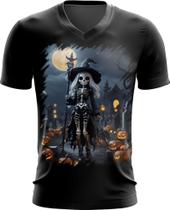 Camiseta Gola V Bruxa Caveira Halloween 17