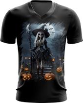 Camiseta Gola V Bruxa Caveira Halloween 18