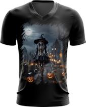 Camiseta Gola V Bruxa Caveira Halloween 2