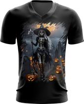 Camiseta Gola V Bruxa Caveira Halloween 8