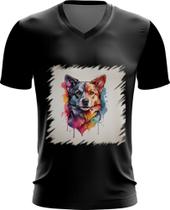 Camiseta Gola V Cachorro Ilustrado Cromático Abstrato 2 Camiseta Gola V Cachorro Ilustrado Cromático Abstrato 2
