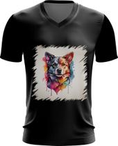 Camiseta Gola V Cachorro Ilustrado Cromático Abstrato 2