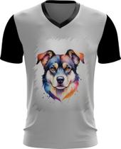 Camiseta Gola V Cachorro Ilustrado Cromático Abstrato 3