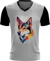 Camiseta Gola V Cachorro Ilustrado Cromático Abstrato 4 Camiseta Gola V Cachorro Ilustrado Cromático Abstrato 4