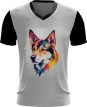 Camiseta Gola V Cachorro Ilustrado Cromático Abstrato 4