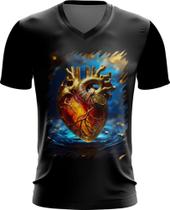 Camiseta Gola V Coração de Ouro Líquido Gold Heart 8