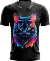 Camiseta Gola V de Gatinho Colorido Neon Vetor 10