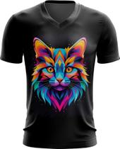 Camiseta Gola V de Gatinho Colorido Neon Vetor 11