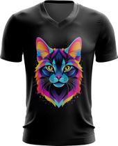 Camiseta Gola V de Gatinho Colorido Neon Vetor 3