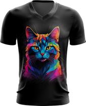 Camiseta Gola V de Gatinho Colorido Neon Vetor 5 Camiseta Gola V de Gatinho Colorido Neon Vetor 5