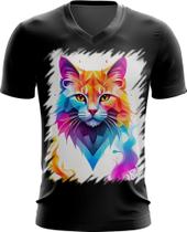 Camiseta Gola V de Gatinho Colorido Neon Vetor 8