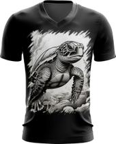 Camiseta Gola V de Tartaruga Marinha Desenhada 1