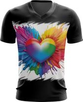 Camiseta Gola V do Orgulho LGBT Coração Amor 3 Camiseta Gola V do Orgulho LGBT Coração Amor 3