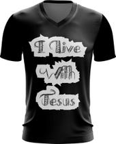 Camiseta Gola V Dryfit I live With Jesus Biblia Gospel 2v