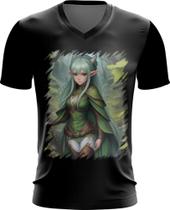 Camiseta Gola V Elfa Linda na Floresta Mágica 3 Camiseta Gola V Elfa Linda na Floresta Mágica 3