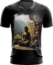 Camiseta Gola V Estátua de Buda Iluminado Religião 8 - Kasubeck Store
