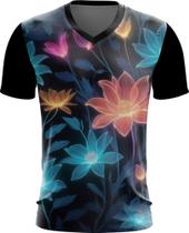 Camiseta Gola V Flores Floral Translúcidas Neon 1