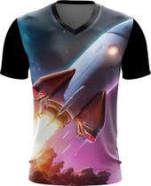 Camiseta Gola V Foguete Espacial Space Rocket Espaço 2 Camiseta Gola V Foguete Espacial Space Rocket Espaço 2