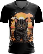 Camiseta Gola V Gatinho no Pôrdo Sol Sunset 17