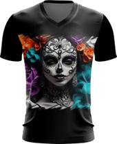 Camiseta Gola V La Catrina Mexicana Dama Esqueleto 14 Camiseta Gola V La Catrina Mexicana Dama Esqueleto 14