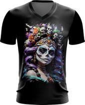 Camiseta Gola V La Catrina Mexicana Dama Esqueleto 15 Camiseta Gola V La Catrina Mexicana Dama Esqueleto 15