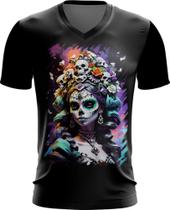 Camiseta Gola V La Catrina Mexicana Dama Esqueleto 17