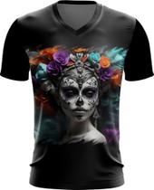 Camiseta Gola V La Catrina Mexicana Dama Esqueleto 3 Camiseta Gola V La Catrina Mexicana Dama Esqueleto 3