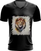 Camiseta Gola V Leão Ilustrado Cromático Abstrato Rei 1