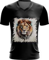 Camiseta Gola V Leão Ilustrado Cromático Abstrato Rei 2