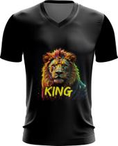Camiseta Gola V Leão Ilustrado Cromático Abstrato Rei 3