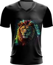 Camiseta Gola V Leão Ilustrado Cromático Abstrato Rei 4