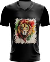 Camiseta Gola V Leão Ilustrado Cromático Abstrato Rei 5