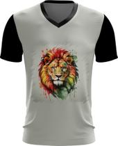 Camiseta Gola V Leão Ilustrado Cromático Abstrato Rei 6