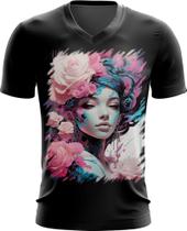 Camiseta Gola V Mulher de Rosas Paixão 10 Camiseta Gola V Mulher de Rosas Paixão 10