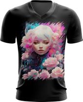 Camiseta Gola V Mulher de Rosas Paixão 14 Camiseta Gola V Mulher de Rosas Paixão 14