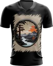 Camiseta Gola V Paisagem Oriental Portão Torii 1