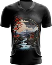 Camiseta Gola V Paisagem Oriental Portão Torii 13