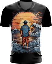 Camiseta Gola V Pesca Esportiva Pôr do Sol Peixes 12