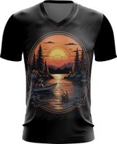 Camiseta Gola V Pesca Esportiva Pôr do Sol Peixes 24