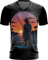 Camiseta Gola V Pesca Esportiva Pôr do Sol Peixes 25