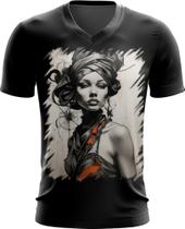 Camiseta Gola V Pintura a Carvão Mulher Arte 28