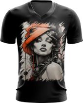 Camiseta Gola V Pintura a Carvão Mulher Arte Esfumaçada 4 Camiseta Gola V Pintura a Carvão Mulher Arte Esfumaçada 4